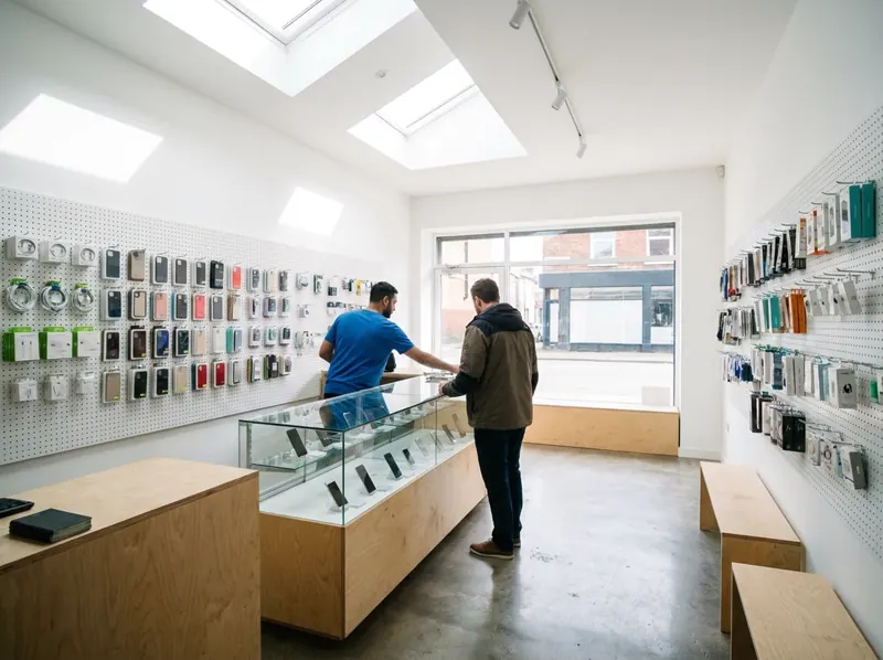 A phone store with accessories on the walls and a customer at the counter