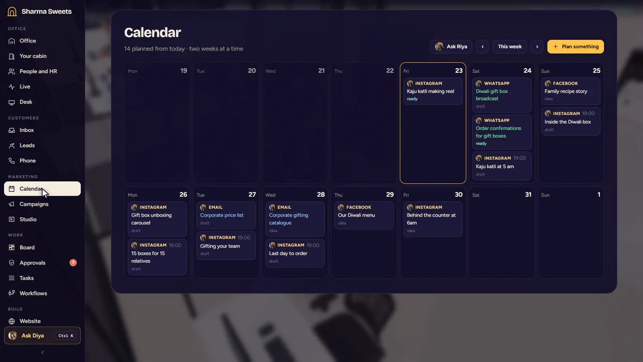 The Calendar page of Sineva AI Office, shown with a sample business
