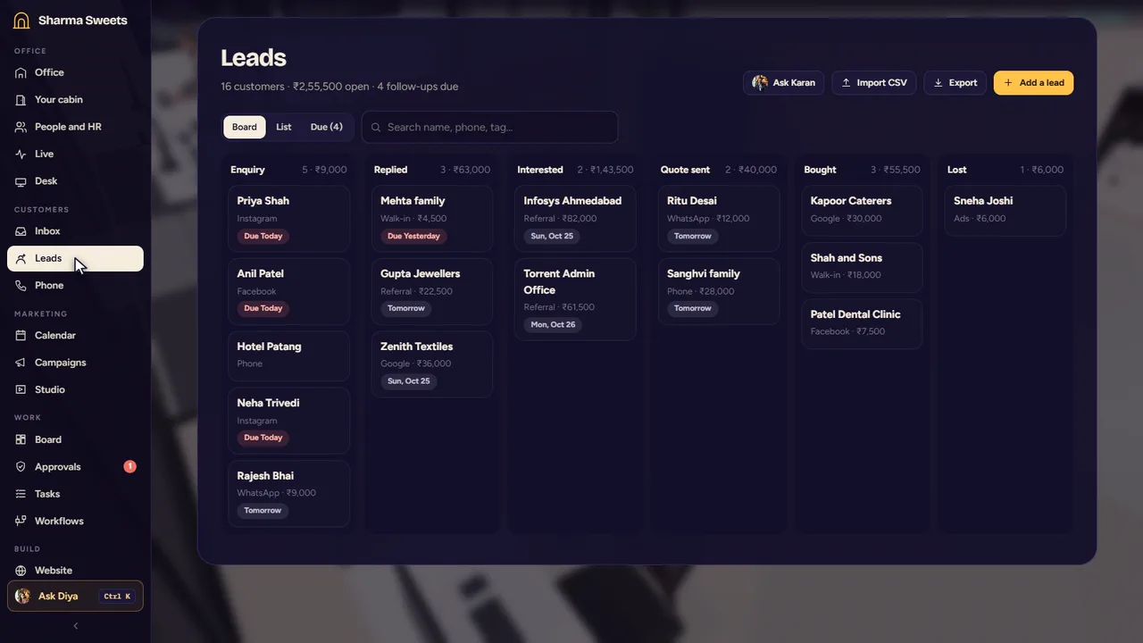 The Leads page of Sineva AI Office, shown with a sample business