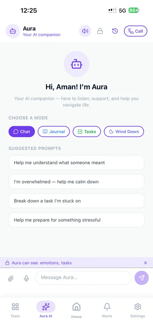AutistaAI: Aura. An AI companion with Chat, Journal, Tasks and Wind Down modes.