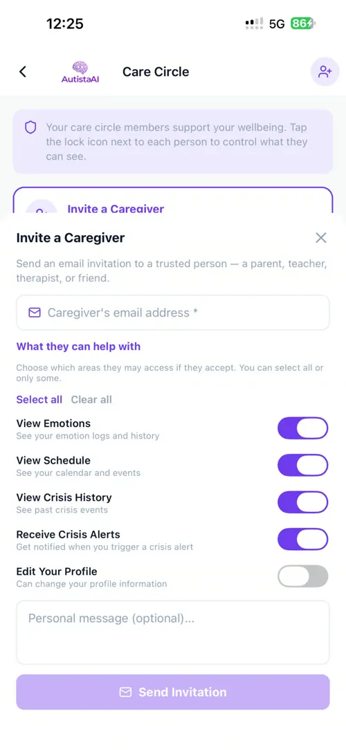 AutistaAI: Care Circle. Invite a caregiver and choose exactly what they can see.