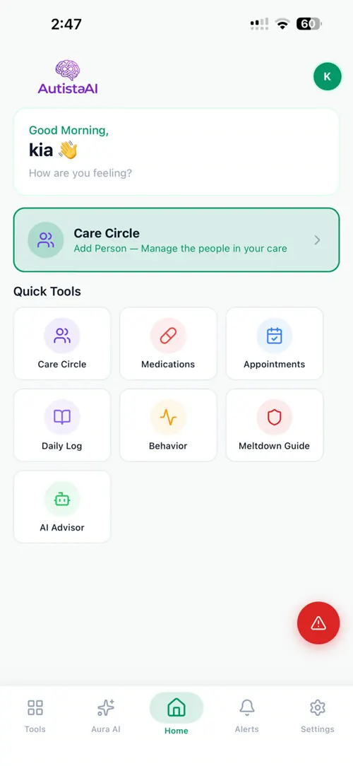 The caregiver home screen with Care Circle, medications, appointments and a meltdown guide