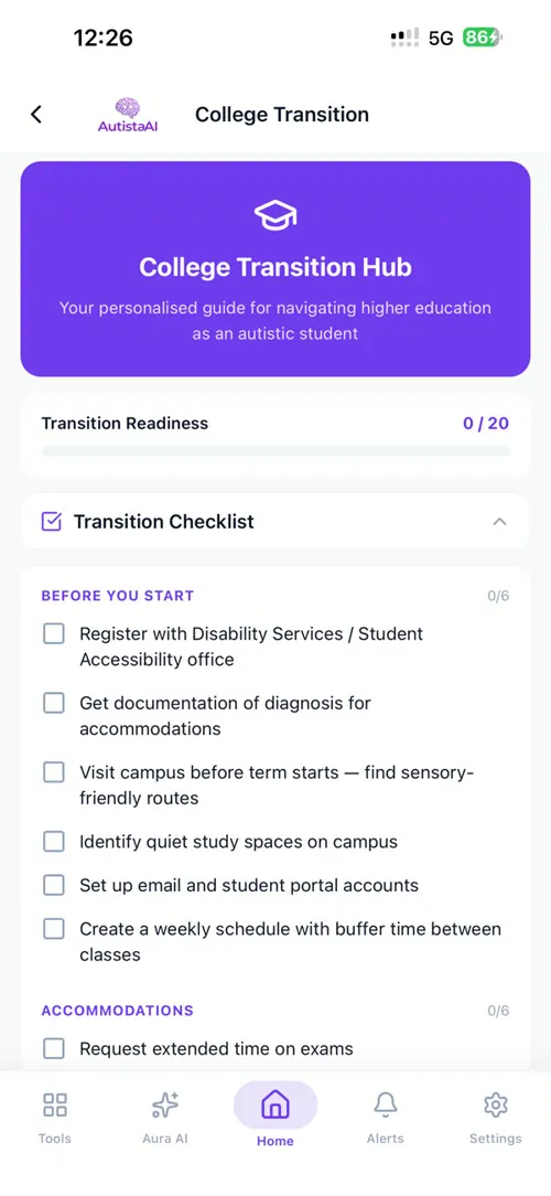 AutistaAI: College Transition Hub. A checklist, accommodations and your rights for starting college.