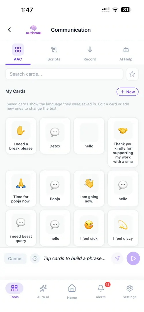 Communication cards in AutistaAI: “I need a break please”, “Thank you” and custom cards, tap to speak