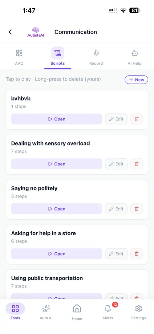 AutistaAI: Social scripts. Step-by-step scripts for sensory overload, saying no or asking for help.