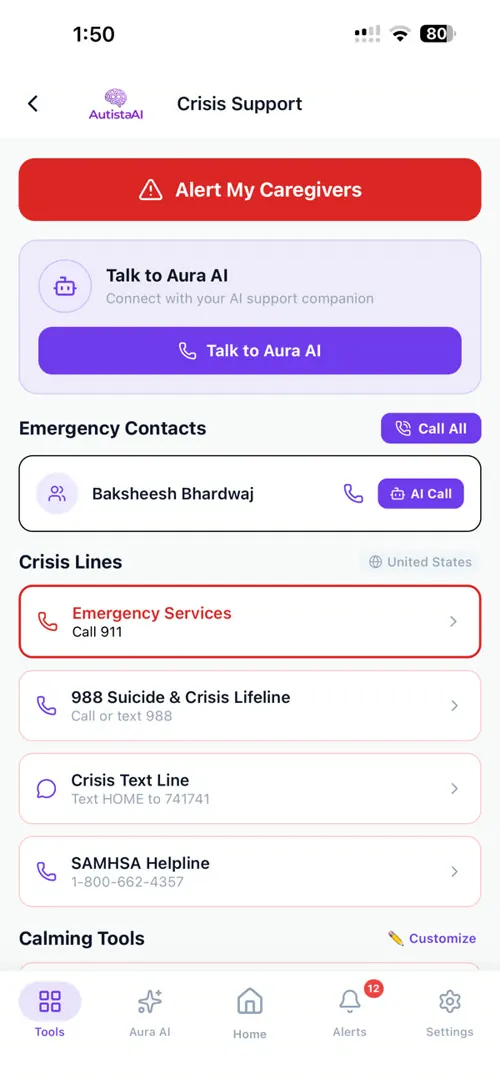 Crisis Support: Alert My Caregivers, talk to Aura, emergency contacts, crisis lines and calming tools