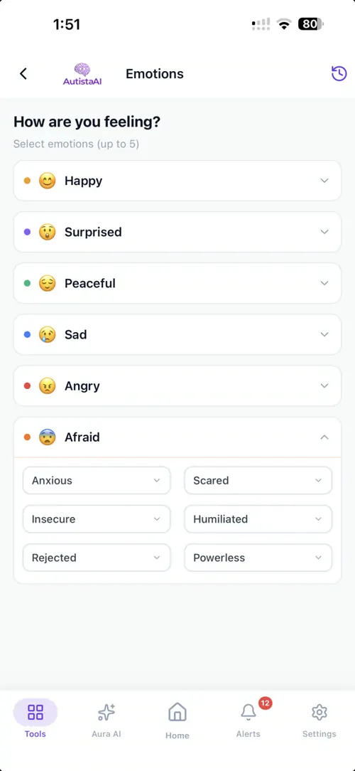 AutistaAI: Emotion check-ins. Name how you feel and see patterns over time.