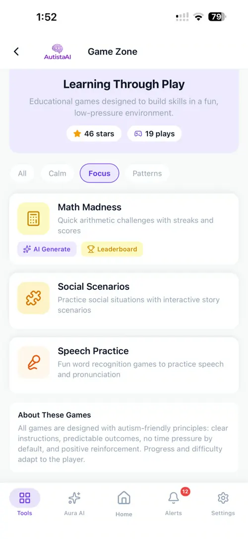 AutistaAI: Game Zone. Calm learning games for focus, social skills and speech.