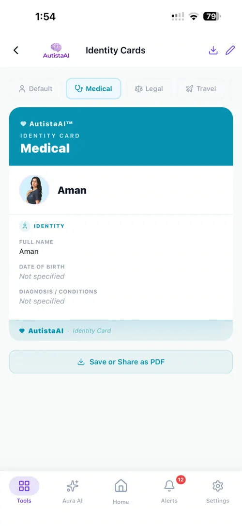 AutistaAI: Identity cards. Medical, legal, travel and college cards to save or share as a PDF.