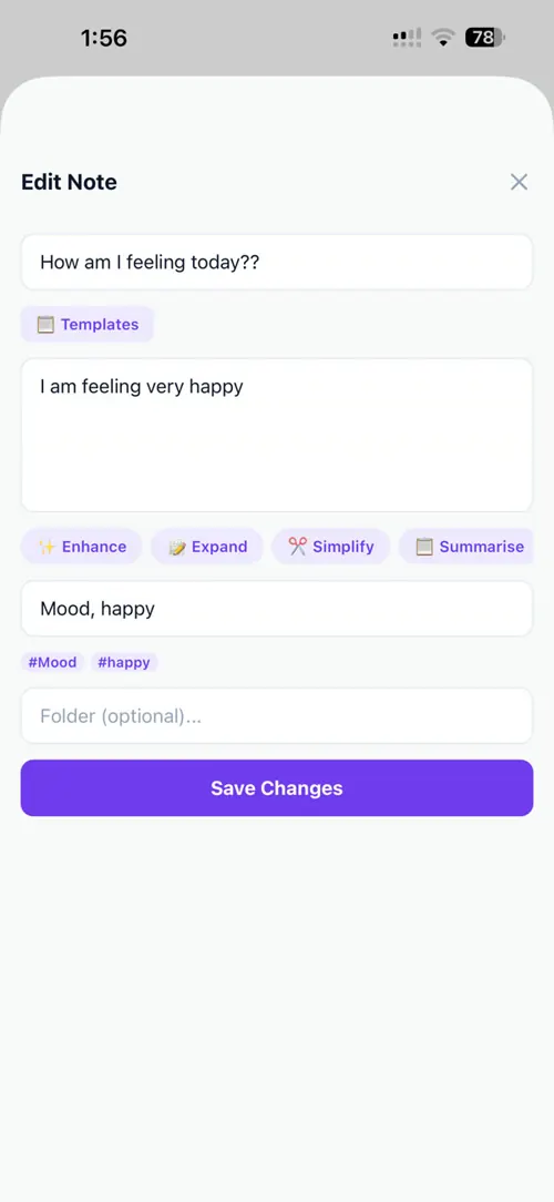 A note in AutistaAI with AI tools to enhance, expand, simplify or summarise it