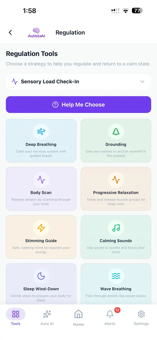 Regulation tools: a sensory check-in, deep breathing, grounding, body scan and calming sounds