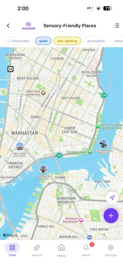 AutistaAI: Sensory-friendly places. A map of quiet, dim and accessible places nearby.