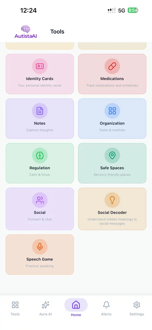 The tools screen: identity cards, medications, notes, organisation, regulation and more