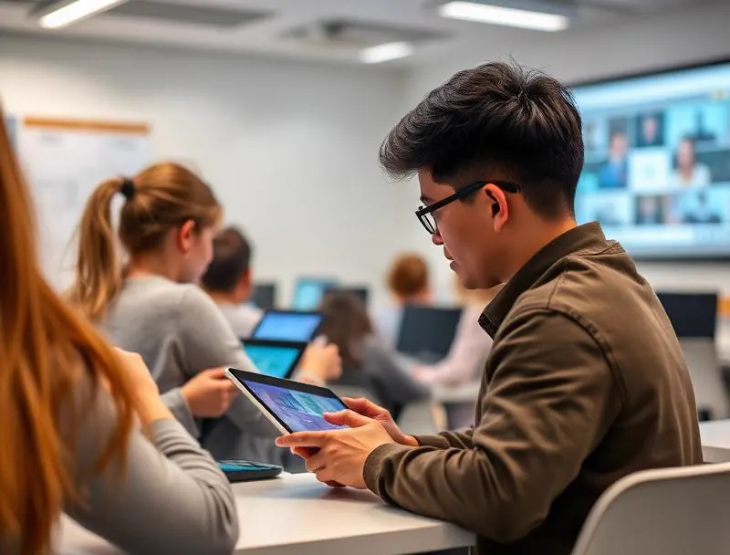 Students working on tablets and laptops in a school computer lab